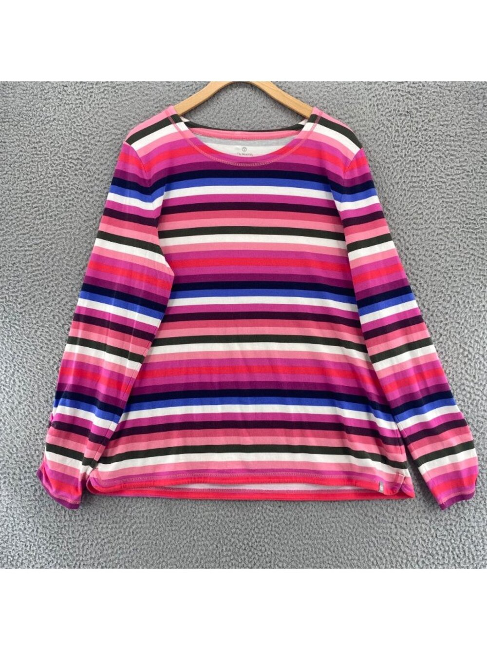 Talbots Top Womens Extra Large Pink Multi Striped Tee Shirt Hem Shirred Sleeves